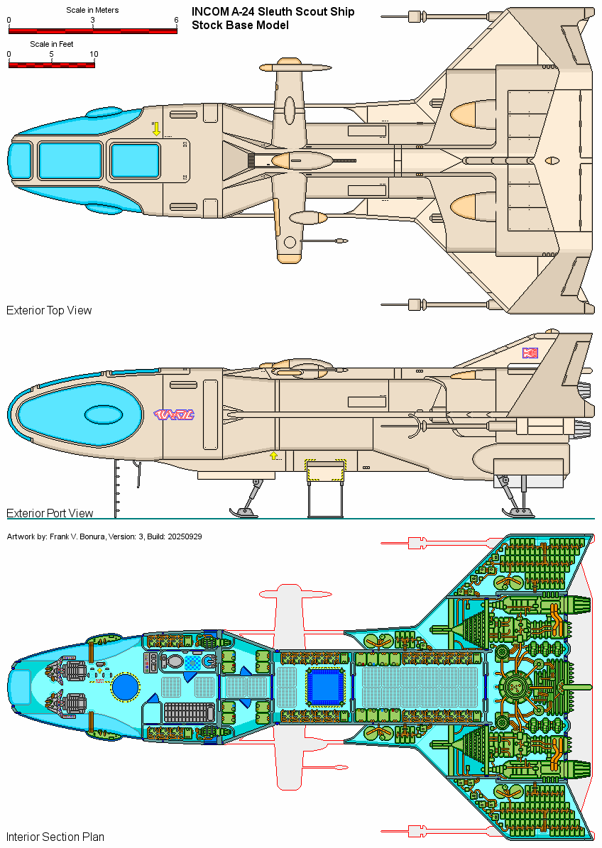 · INCOM A-24 Sleuth Version 3, exterior views, and deckplan, Artwork by: Frank V Bonura